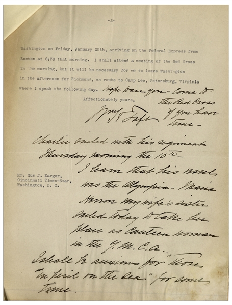 William Taft Letter Signed During WWI With Long Autograph Note Signed -- 5 Days After His Son Charlie Sailed Off to War, Taft Pens, ''I shall be anxious for 'those in peril on the sea' for some time''